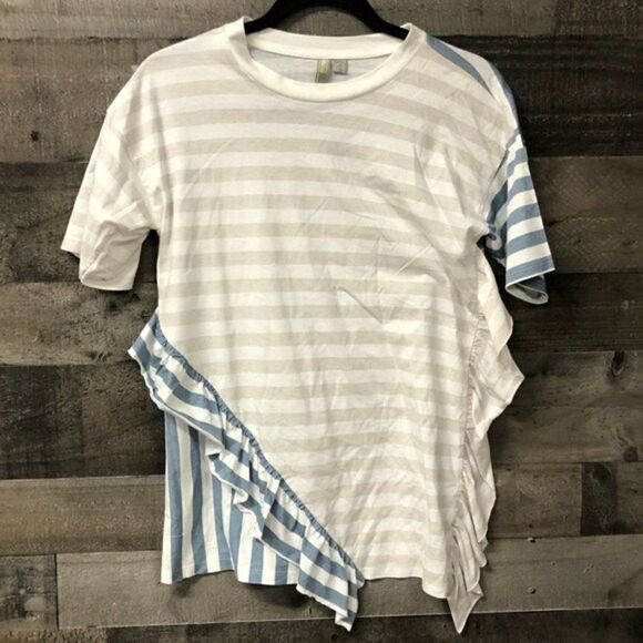 ASOS striped short sleeve top size 2 tan blue white - Picture 1 of 3